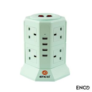 Enco 4U8K (8 Gang)Tower Extension Vertical Tower Extension Socket UK Plug Adapter Power Strip with 4 USB Port 2M Cable Cord SIRIM Certr - Mint Green 2M SIRIM APPROVED