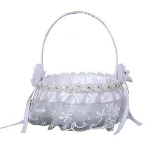 Flower Basket for Wedding Ceremony Satin Lace Decor with Bows Faux Flowers Candy Gift Bag for Banquet Daily Use