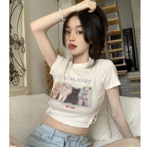 K.Store Cat Printed Korean Casual Simple Unique Style Side Design Round Neck Short Sleeve Crop Top #9935