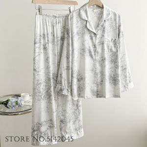 Luxury Women Pajamas Set Night Wear Elegant White Silk Satin Lace Sleepwear Trouser Suit Home Clothes Loose Casual Loungewear2026