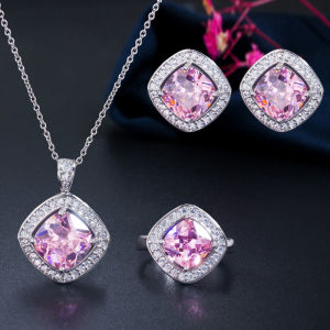 SEQUITO Delicate Yellow Gold Plated Pave Dazzling White AAA Cubic Zircon Party Jewllery Sets Square Stud Earrings Ring Necklace Set for Fashion Women Daily Wear SJ367