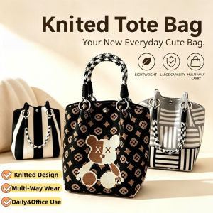 Knitted Tote Bag Women Korean Style Bear Shoulder Bag Lightweight Multi Way Handbag Casual Office