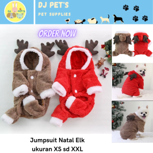 Baju Natal Anjing dan Kucing Jumpsuit Natal Hewan Anabul Model Kuping elk