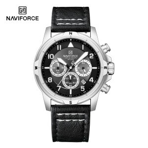 NAVIFORCE Original Mens Quartz Chronograph Watch Chronograph Mini Dial Calendar Date Leather Strap Luminous Hands 30m Waterproof Casual Fashion Accessories Mens Watch Gift NF8077