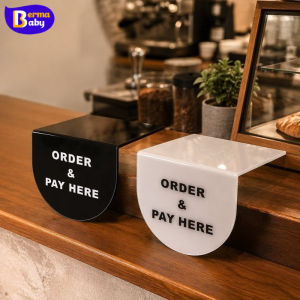 BERMA BABY Acrylic Order & Pay Here Counter Sign Modern Cafe Table Edge Hanging Signboard for Coffee Shop
