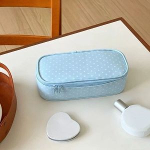 ROIO Polyester Polka Dot Makeup Bag Checkered Light Blue Wash Bag Organizer Zipper Cosmetic Pouch Daily Use