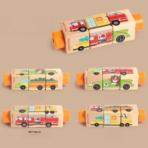 Oldlaiben Wooden Rotating Puzzle Toy 3D Jigsaw Blocks Baby Early Learning Animal Traffic Cognition Kids Mainan
