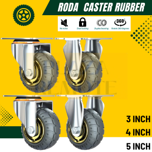 RODA TROLY CASTER BAHAN RUBBER HITAM HIDUP MATI 3 4 5 INCH SET 4 PC