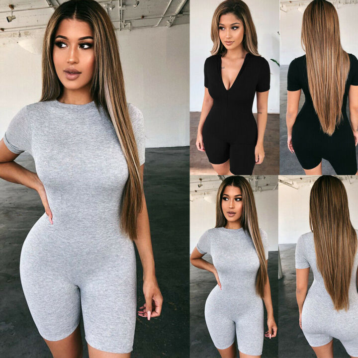 Women Ladies Short Sleeve Bodysuit Romper Stretch V Neck Leotard Body Solid Tops Jumpsuits Playsuits Lazada PH