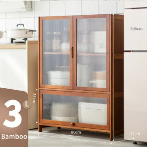 Bamboo Kitchen Cabinet Storage Organizer Shelf With Pull-Out Doors Sideboard