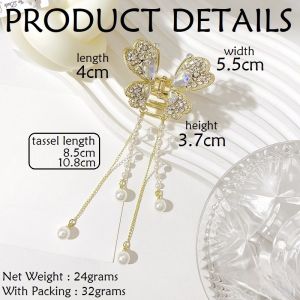 Jepit Rambut Kupu Kupu Permata Rumbai Mutiara Korean Rhinestone Butterfly Tassel Hair Claw HBT