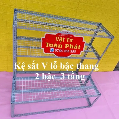 Kệ sắt V lỗ bậc thang 2 bậc 3 tầng kệ ( tấm vỉ sắt) bậc 1 cao 30cm_bậc 2 cao 1m chiều dài kệ nhiều kích thước