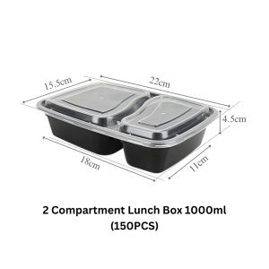 Packman Bento Box with Lids Clear Disposable Plastic 2-Compartment Rectangular Lunch Box Leakage Proof Black and Clear Stacked with Food