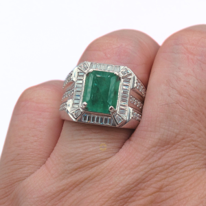 NATURAL EMERALD CERTIFIED ZAMRUD EMERALD CUT CHANNEL SETTING MOISSANITE SILVER 925 MENS RING