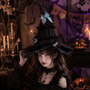 SEETE Gothic Halloween Hat Mesh Yarn Tall Pointed Cone Top Womens Wizard Cap Party Props Butterfly Hair Clips Lolita Witch Hat Halloween Party