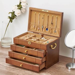 MECOME ความจุขนาดใหญ่ กล่องเครื่องประดับ ไม้ แบบลิ้นชัก กล่องเก็บของ หลายฟังก์ชัน พร้อมล็อค ขาตั้งโชว์ต่างหูและสร้อยข้อมือ ผู้หญิง