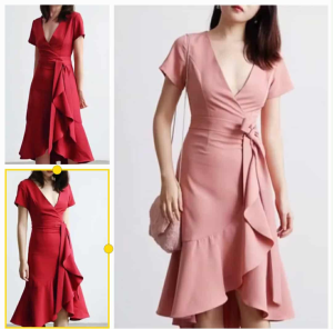 D Korean Casual V neck Ruffle Dress
