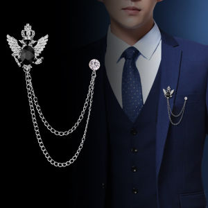 1Pc Mens Retro Palace Style Double Headed Eagle Shaped Brooch Tassel Chain Design Jacket Suit Accessories Brooches
