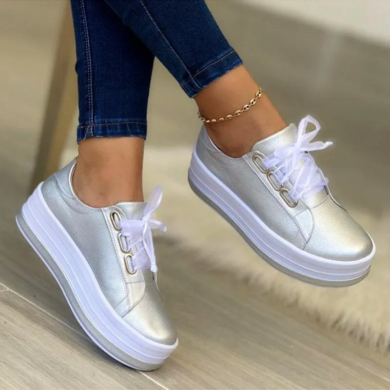 2023Women Shiny Pu Leather Thick Bottom Sneakers Woman Plus Size