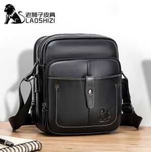 LAOSHIZI 100% Genuine Leather Mens Soft Chest Bag Crossbody Bag Business Party Handbag