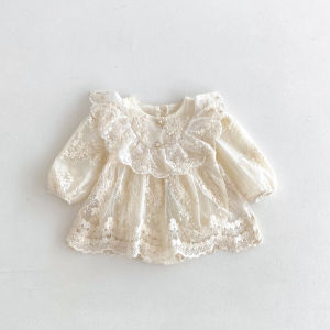 2026 Baby Girl Princess Dress 0-24M Vintage Lace Embroidered Ruffled Collar Romper Dress with Snap Closure Formal Party Dress2026