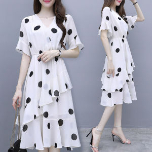 elegantstunning Women Dress Chiffon Fashionable Polka-dot Print V-neck Waist-slimming Long Over-the-knee Dress