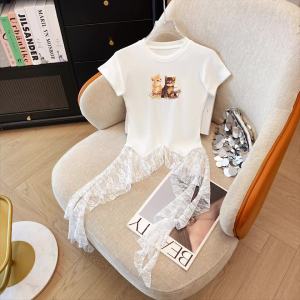 AMMIN 2025 Summer New Fashion Irregular Lace Patchwork Hem Design Cat Print Short Sleeve Cotton T-Shirt for Women Korean Style Casual Simple Round Neck Elegant Blouse