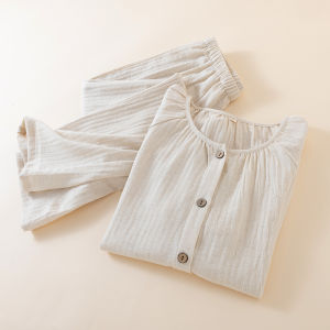 2026 100% Cotton Pajamas Premium Womens Autumn Cotton and Linen New Solid Color Round Neck Homewear Long Sleeves Trousers Set Loose Large Size Homewear Factory