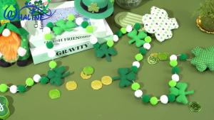 8.2Ft St. Patricks Day Felt Pom Banner Shamrock Garland Green White Ball Clover Decorative Irish Hanging Bunting for Home Mantel Wall Decor