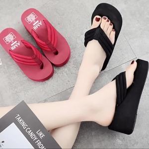 [Free Shipping] Womens Summer Outdoor Slippers 2026 New Korean Version Height-Increasing Thick-Soled Wedge Flip-Flop Beach Sandals