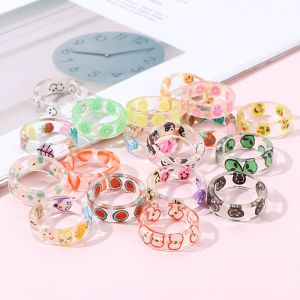 Japanese Forest Fruit Ring Leaf Smile Clear Resin Fresh Simple Design Youthful Layering Healing Style Jewelry h260612