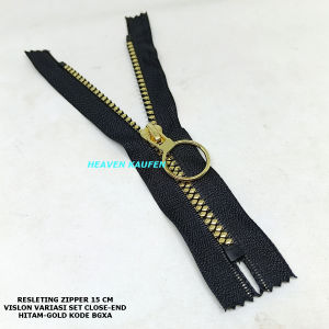 Resleting Zipper Ritsleting Busana 15 cm Vislon Variasi Hitam Gold Emas Model Set Close End Kode BGXA Harga Per Biji