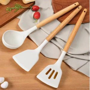 ANNA STORY 3Pcs/set Non-Stick Silicone Spoon Shove Heat Resistant Non-slip Pot Spatula Set Frying Spatula Anti-scalding Cooking Turner Spatula Colander Kitchen Utensils Cookware