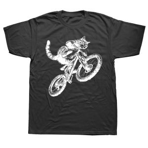 Funny Cat Riding Bicycle Mountain Bike Funny T-Shirt Short Sleeve Humor Streetwear Tee Loose Fit Clothing for Men And Women