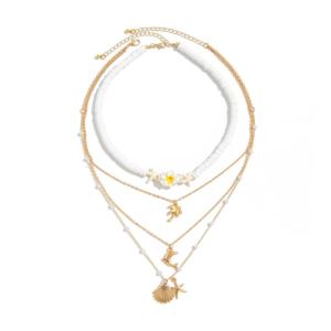 สร้อยคอต่างหูเปลือกหอยทำมือลูกปัดเครื่องปั้นดินเผานุ่มปรับได้หลายชั้นคอโซ่สำหรับผู้หญิงเครื่องประดับแฟชั่นชายหาดธรรมชาติ