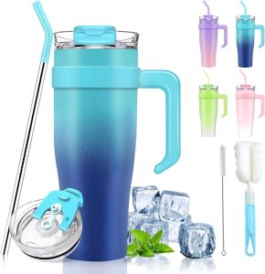 Tumbler With Lid and Straw 40 Oz Tumbler with Handle Blue 100% Leak Proof Tumbler Cup with 2 In 1 Lid Stainless Steel Insulated Tumbler Keeps Drinks Cold For 24 Hours Or Hot For 12 HoursGift