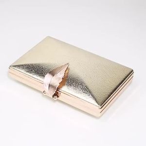 Womens Wedding Clutch Bag Gold Ladies Handbag Party Purse For Bridal Metal Leaf Lock Shoulder Bag