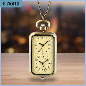 【E-WOITD】 Exquisite Watch Bronze Keychain Pocket Watch Square Retro Double Time Movement Quartz Watch Without Cover Antique Style Pendant