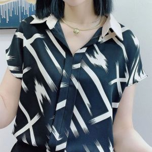 womens Chiffon shirt Belly Covering Short sleeve Shirt fashion loose elegant shirt