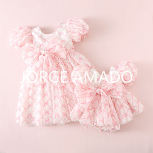 Twins Daughter Summer Matching Outfits Large Bow Short Sleeves Bodysuit Solid Backless Princess Dresses Girl Clothing H04042026
