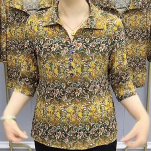 Middle Aged and Elderly Womens Short Sleeved Summer New Fashion Casual Floral T-shirt Loose and Versatile Lapel Top