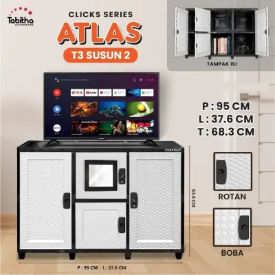 LEMARI PLASTIK RAK TV 2 SUSUN 3 SUSUN DAN 4 SUSUN TABITHA ATLAS CLICK KUNCI KACA RAK TV