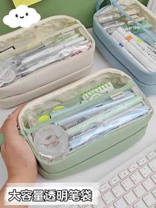 大容量笔袋ins风高颜值简约透明加厚中小学生帆布拉链多层文具袋Bekas pensel berkapasiti besar bergaya penampilan tinggi mudah dan telus beg alat tulis pelbagai lapisan rantai kanvas tebal untuk pelajar sekolah rendah dan menengah