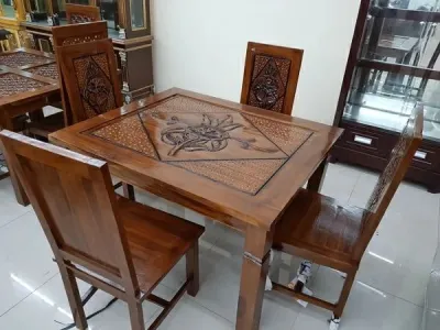 promo meja makan minimalis 4 kursi ukiran / cod meja makan