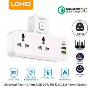LDNIO UK Plug Power Strip British Standard Multifunctional Plug-in Board Smart Univeral extension power switch Socket USB-C Port PD20W & QC3.0 fast Charging Port with Night Light