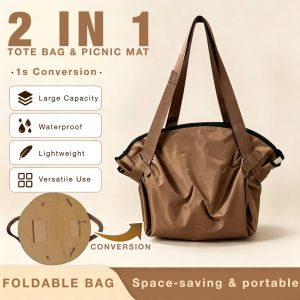 2 in 1 Foldable Tote Bag Picnic Mat Lightweight Compact Portable Foldable Reusable Shopping Bag Travel Camp Bag Tote Bag