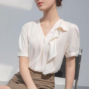 Ammin Áo voan ngắn tay chắp vá cổ chữ V xù xì kiểu Pháp cho nữ mùa hè 2024 Áo Voan Dễ phối khí đi làm chuyên nghiệp nhẹ nhàng và sành điệu