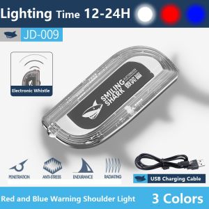 SmilingShark JD009 Warning Light LED Red Blue Shoulder Clip Light Usb Rechargeable Waterproof Flashing Red Warning Light Safety Signal Security Patrol Electronic Whistle Warning Sound Outdoor Night Patrolsafe Driving Running Cycling Light