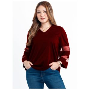 T4 ANNA TOPS Solid soft tulle Patchwork V Neck Shirt