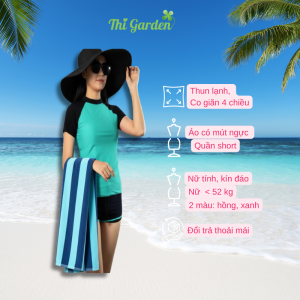 Bộ Đồ Bơi Nữ Kín Đáo Nữ Tính Gồm Áo Thun T-Shirt Quần Short Chất Liệu Thun Co Giãn 4 Chiều Cho Bạn Nữ Cân Nặng Dưới 52kg